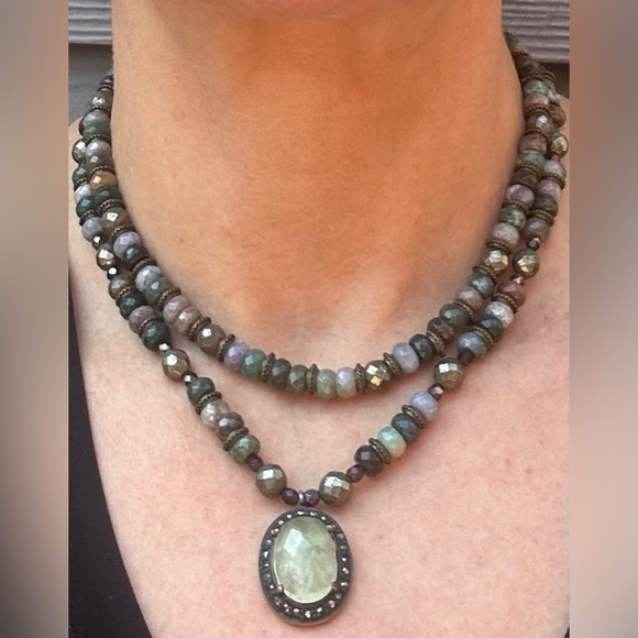 Jewelry - Multi-Tone Jasper & Sterling Silver Beaded Necklace with Chanceldony Pendant
